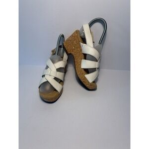 Clarks Collection White Leather Crisscross‎ Cork Wedge Sandals Ultimate Comfort